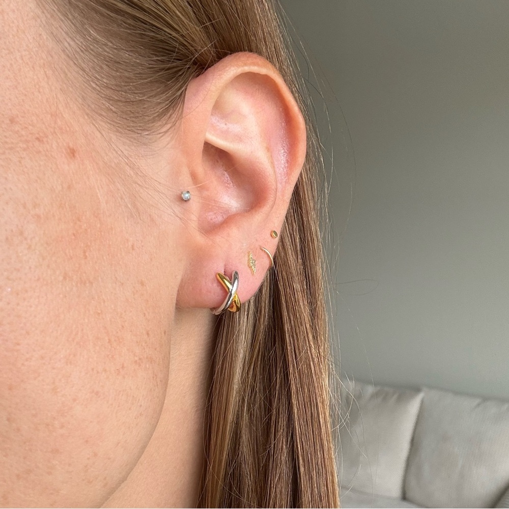Gold silver twist dainty cross hoop earrings two tone hoops silver & gold
